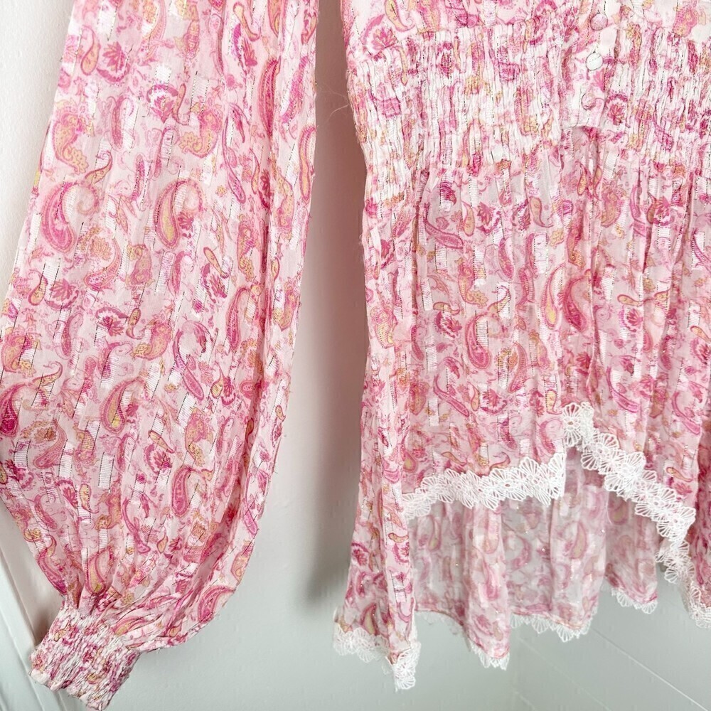 Rococo Sand Candy Blouse Pink Paisley Metallic Long Sleeve Size Medium - Picture 8 of 12